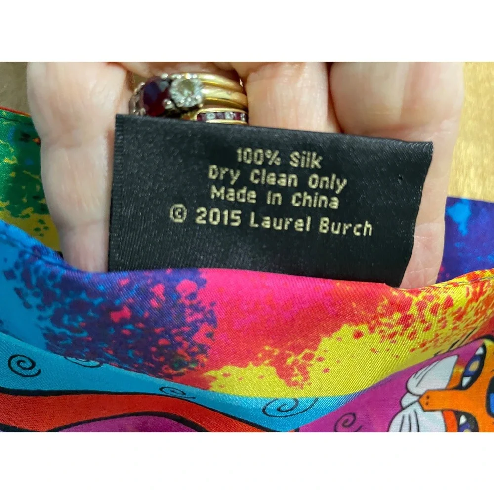Laurel Burch Silk Scarf Multi Color Cat‎ Art Print Long Rectangle 2015